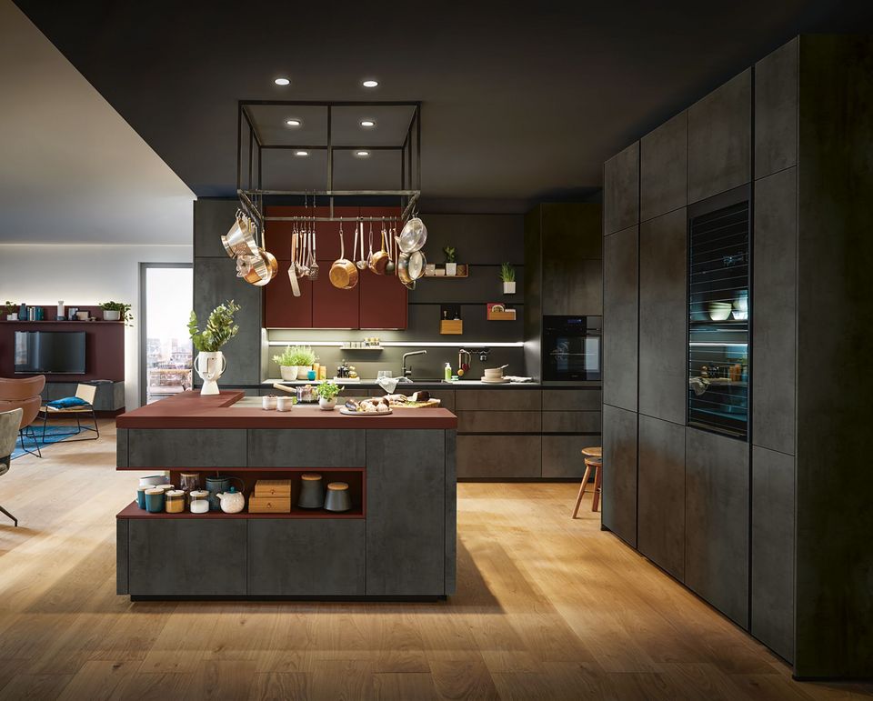 red cooking island and breakfast bar