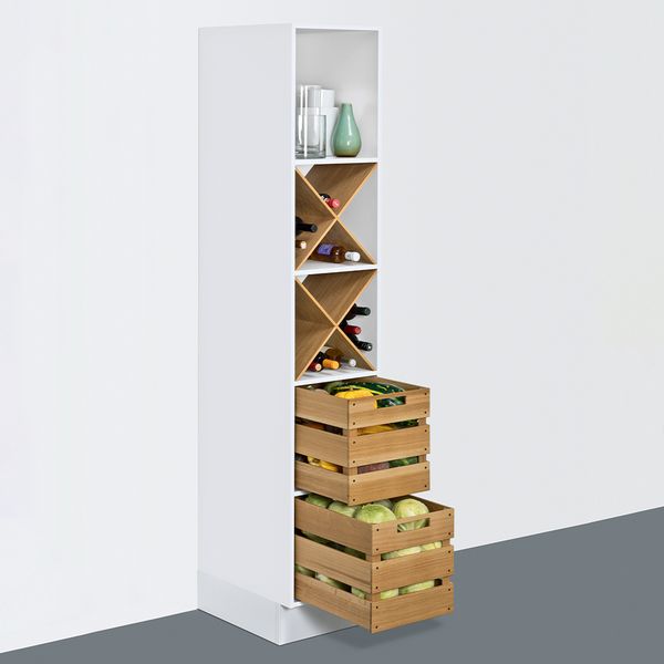 Open shelf tall unit with cross dividers and pull-outs in crate look in natural oak