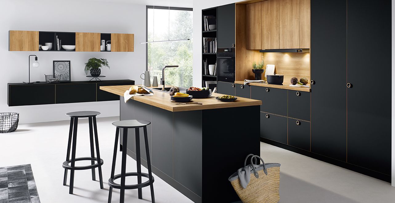 black modern kitchen with cooking island