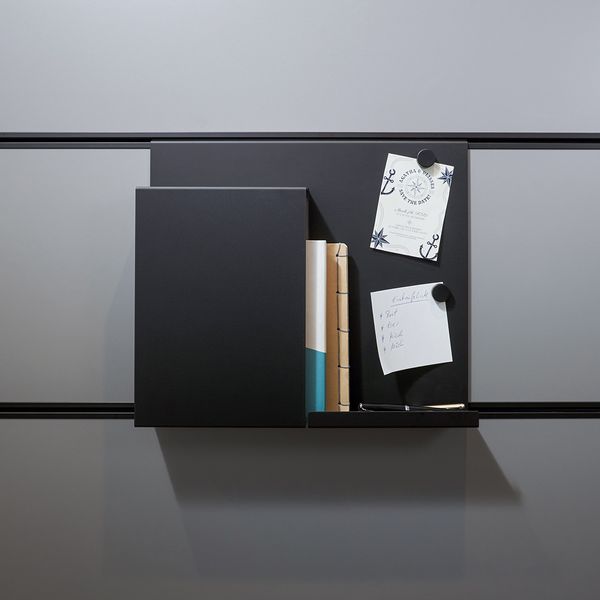 Info board with rack and foil-wrapped writing surface