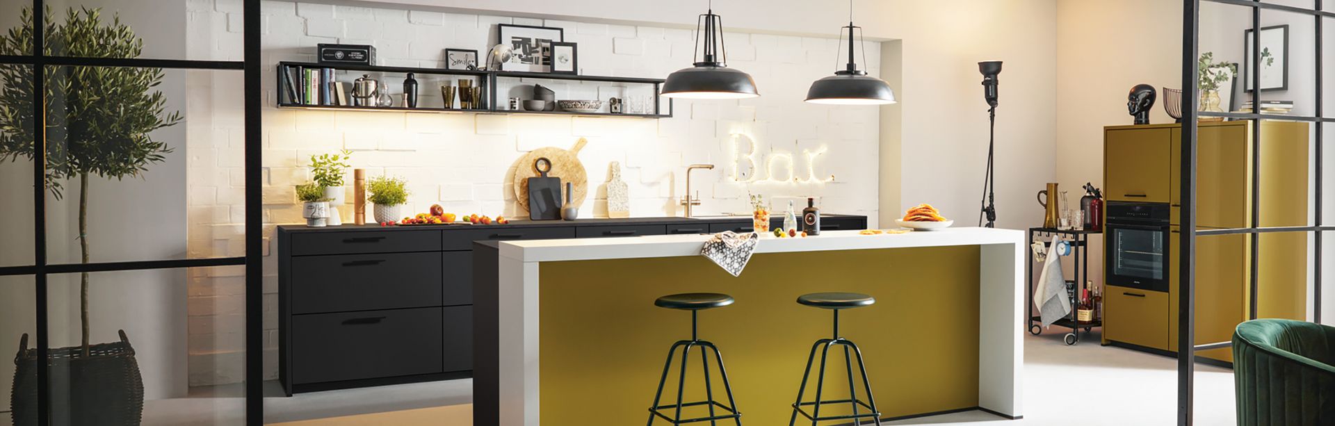 yellow kitchen island with bar