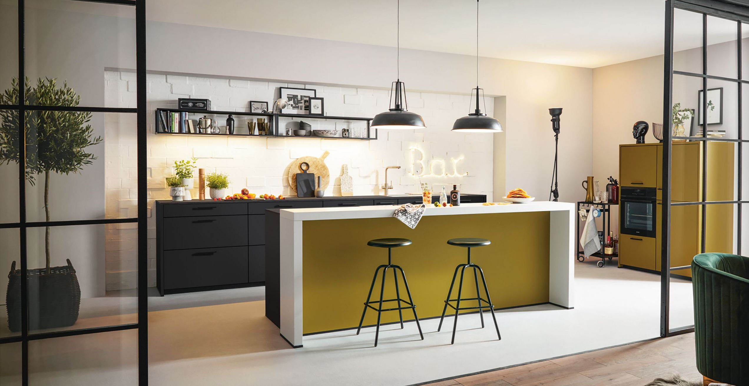 yellow kitchen island with bar