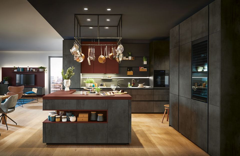 red cooking island and breakfast bar