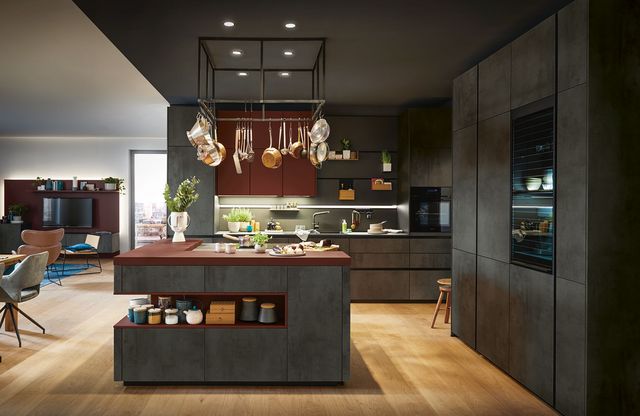 red cooking island and breakfast bar