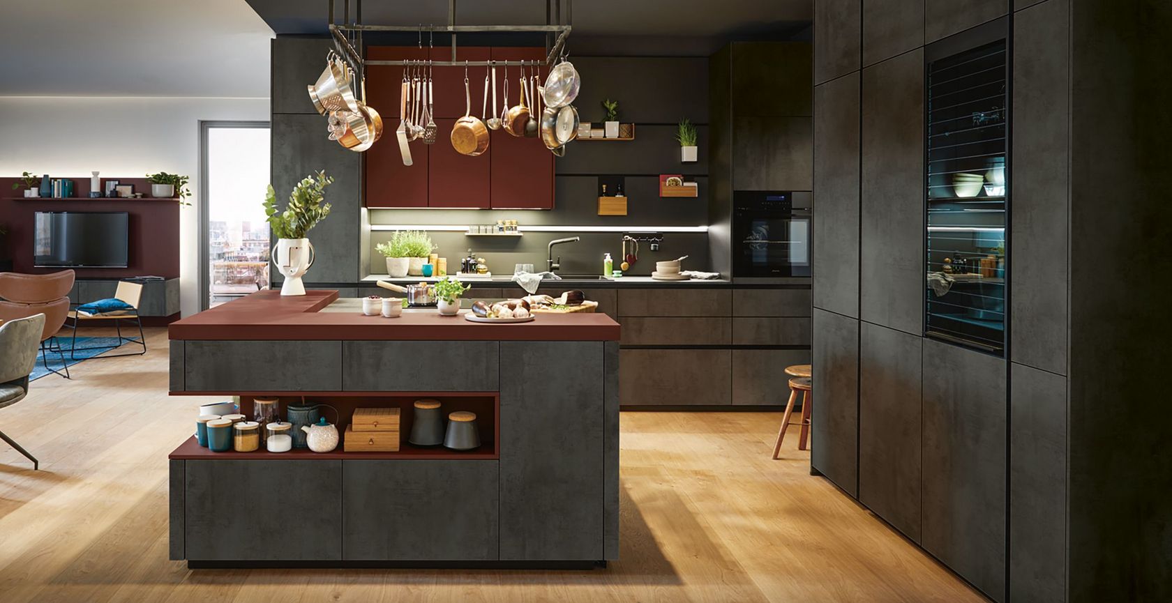 red cooking island and breakfast bar