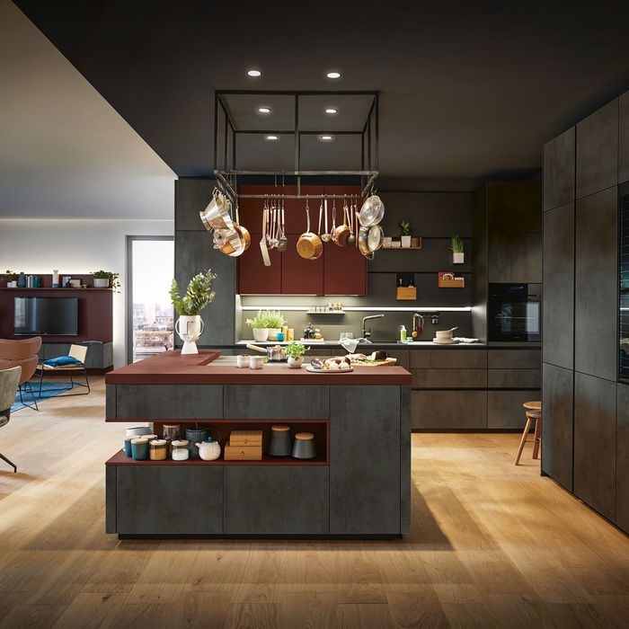 red cooking island and breakfast bar