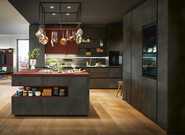 red cooking island and breakfast bar