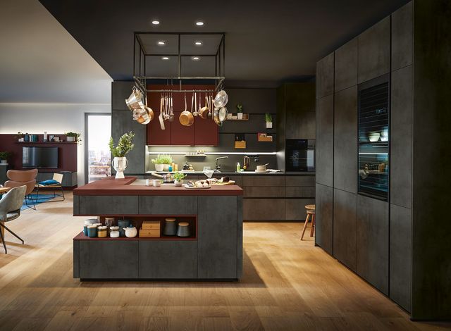 red cooking island and breakfast bar