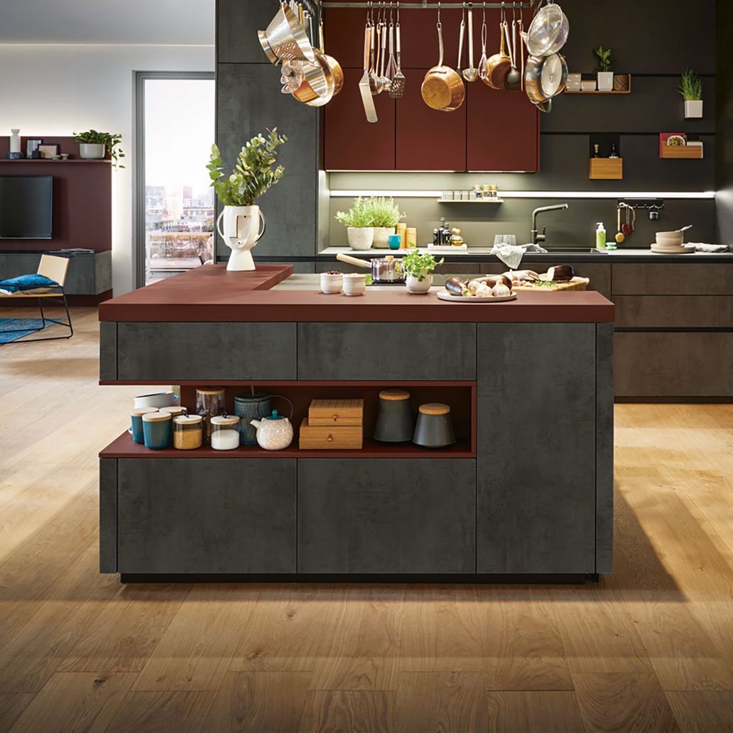 red cooking island and breakfast bar