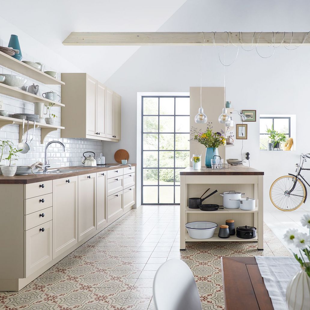 sand grey country style kitchen