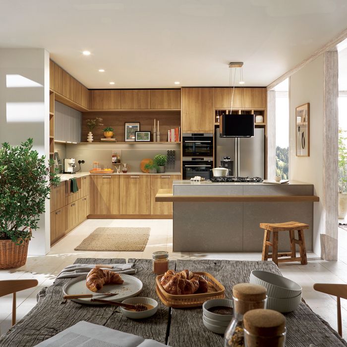 cozy oak kitchen and living room