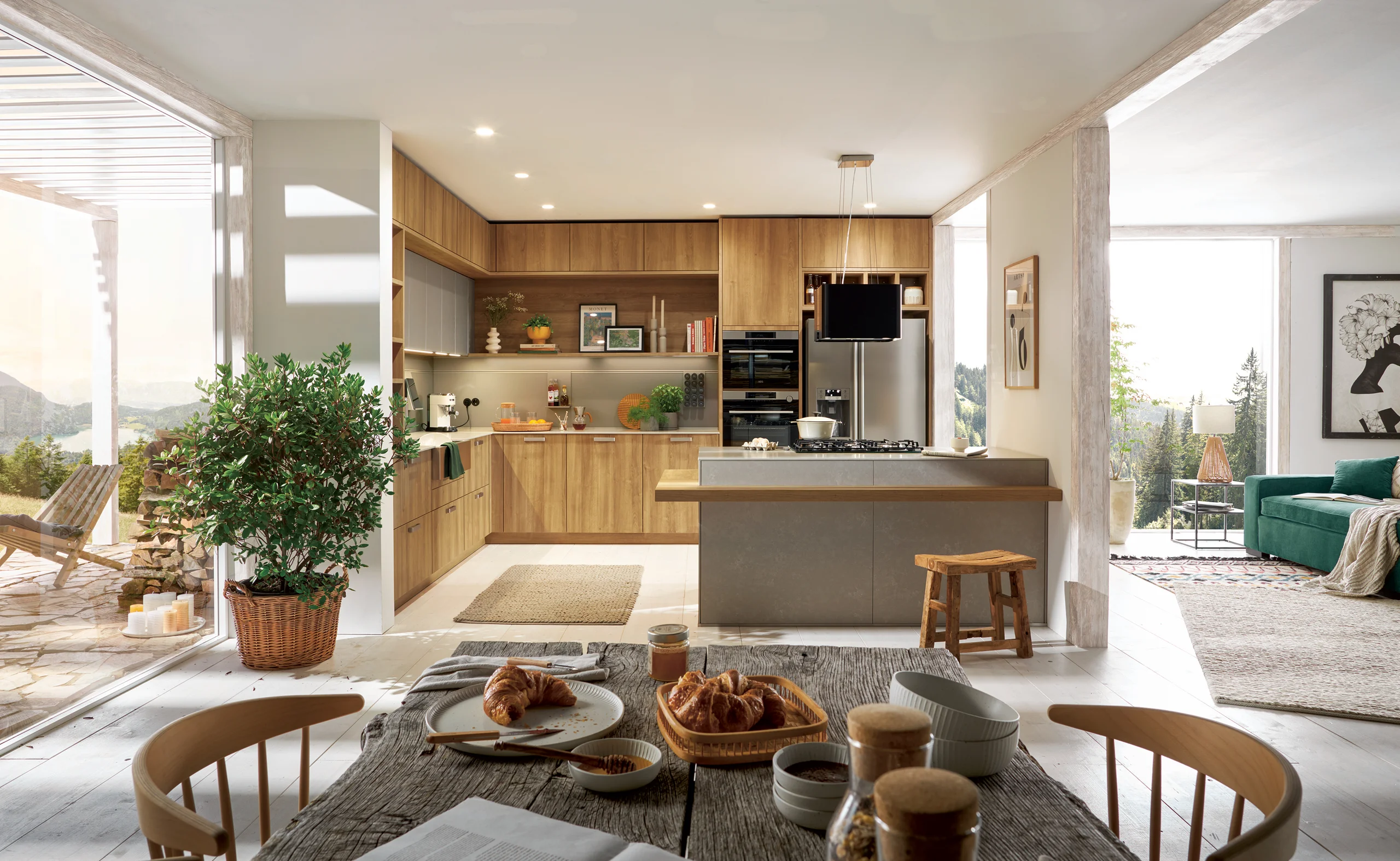 cozy oak kitchen and living room
