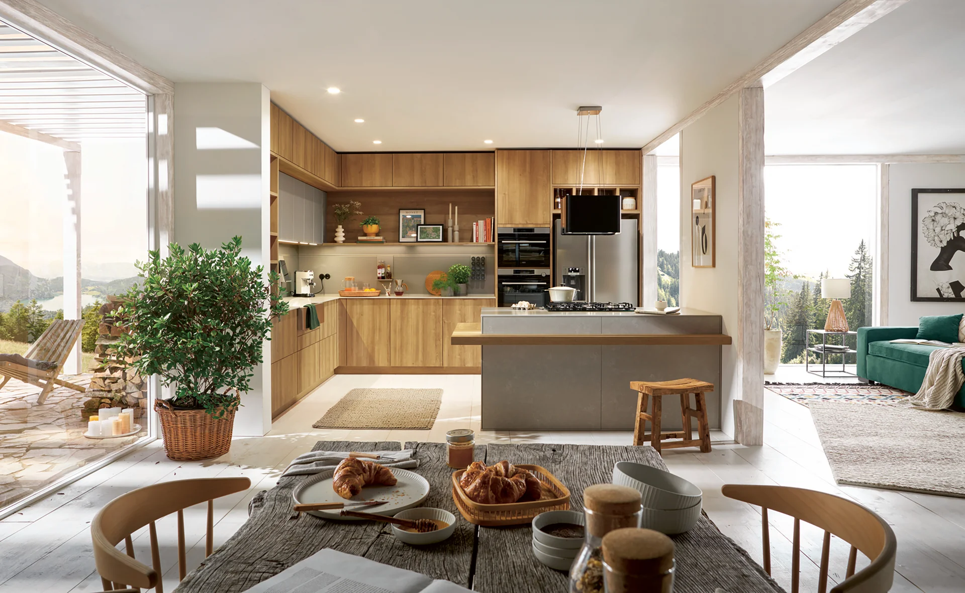 cozy oak kitchen and living room