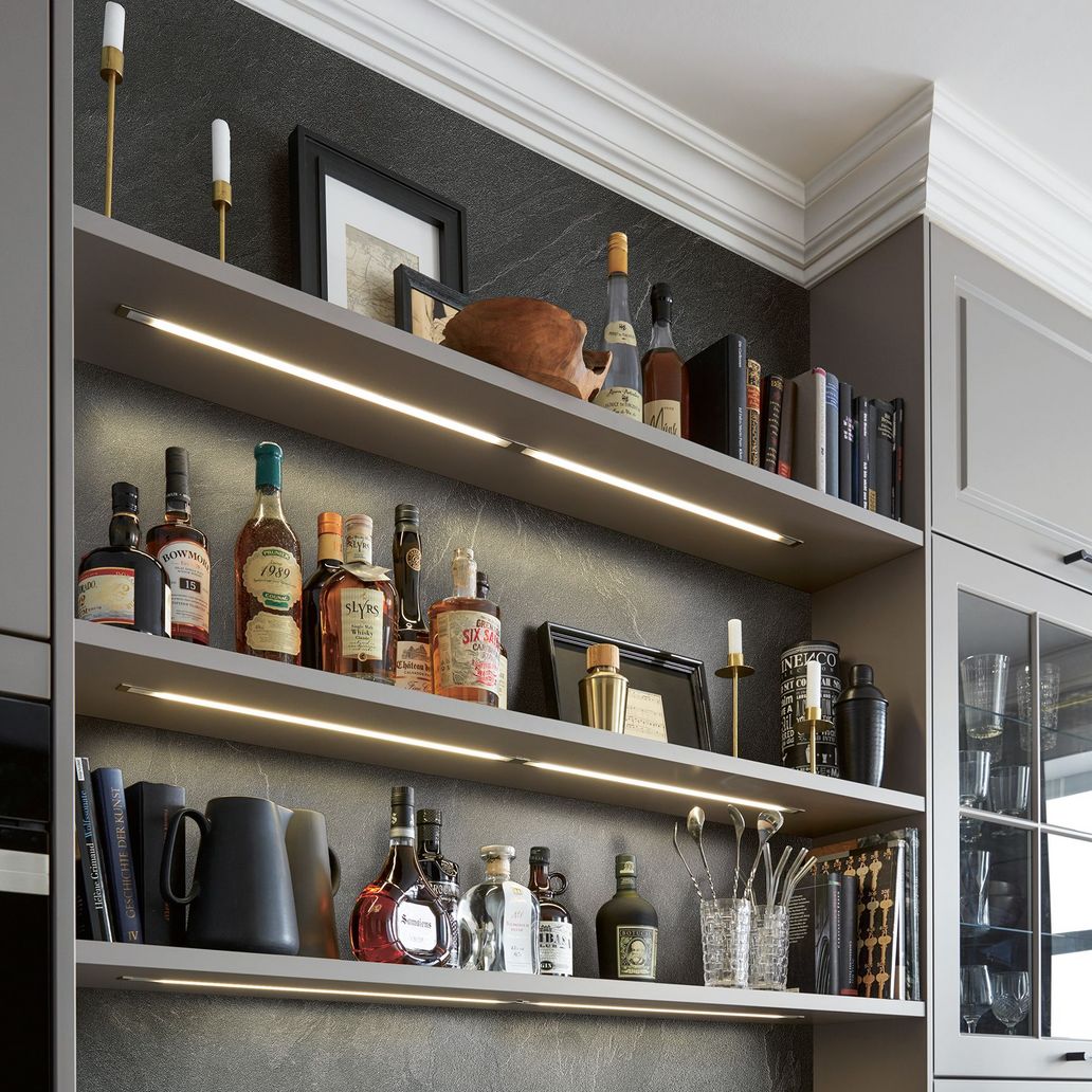 Kitchen with lighted shelves