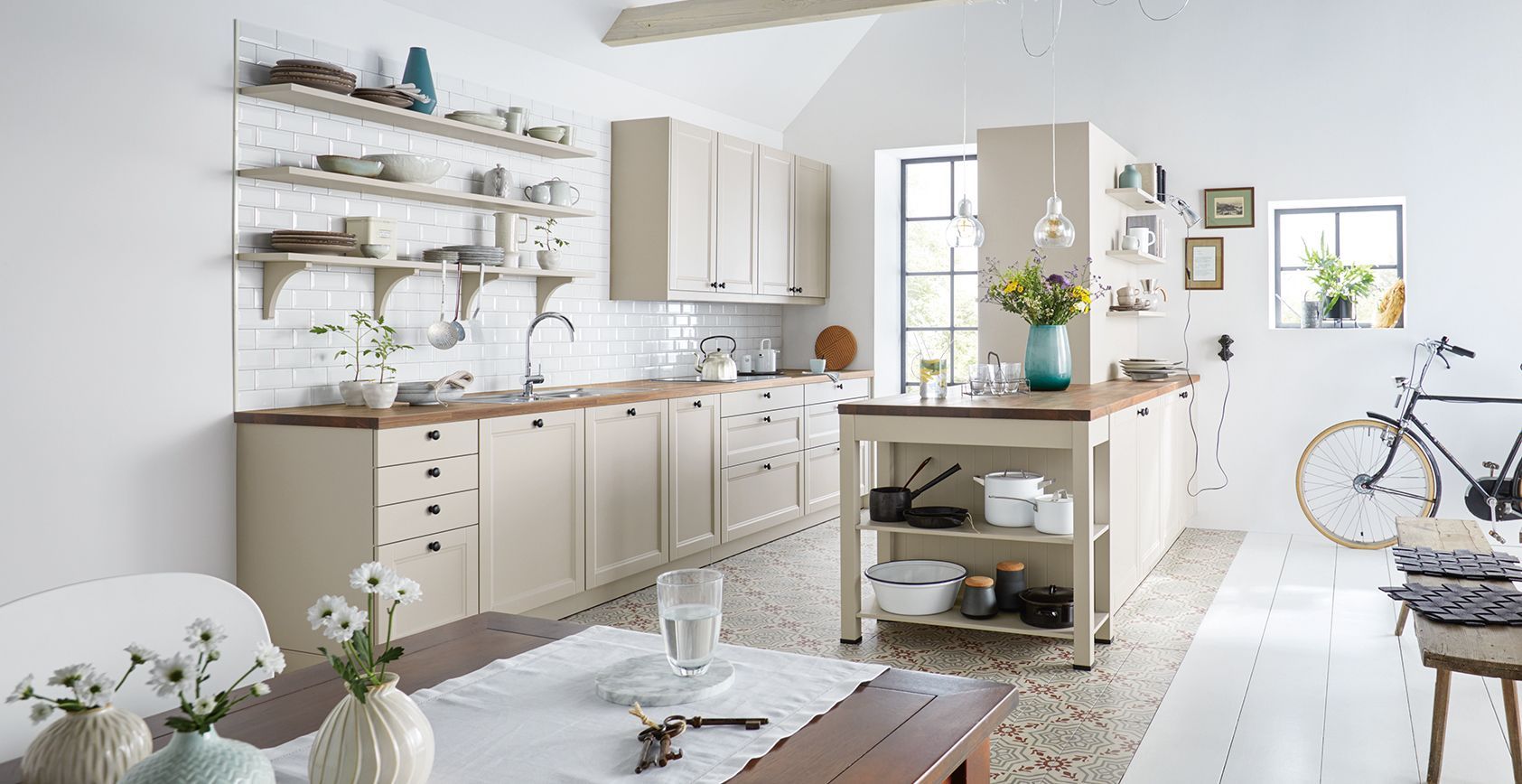 sand grey country style kitchen