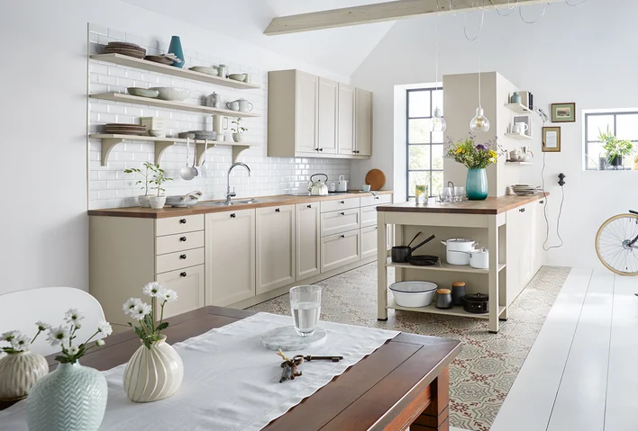 sand grey country style kitchen