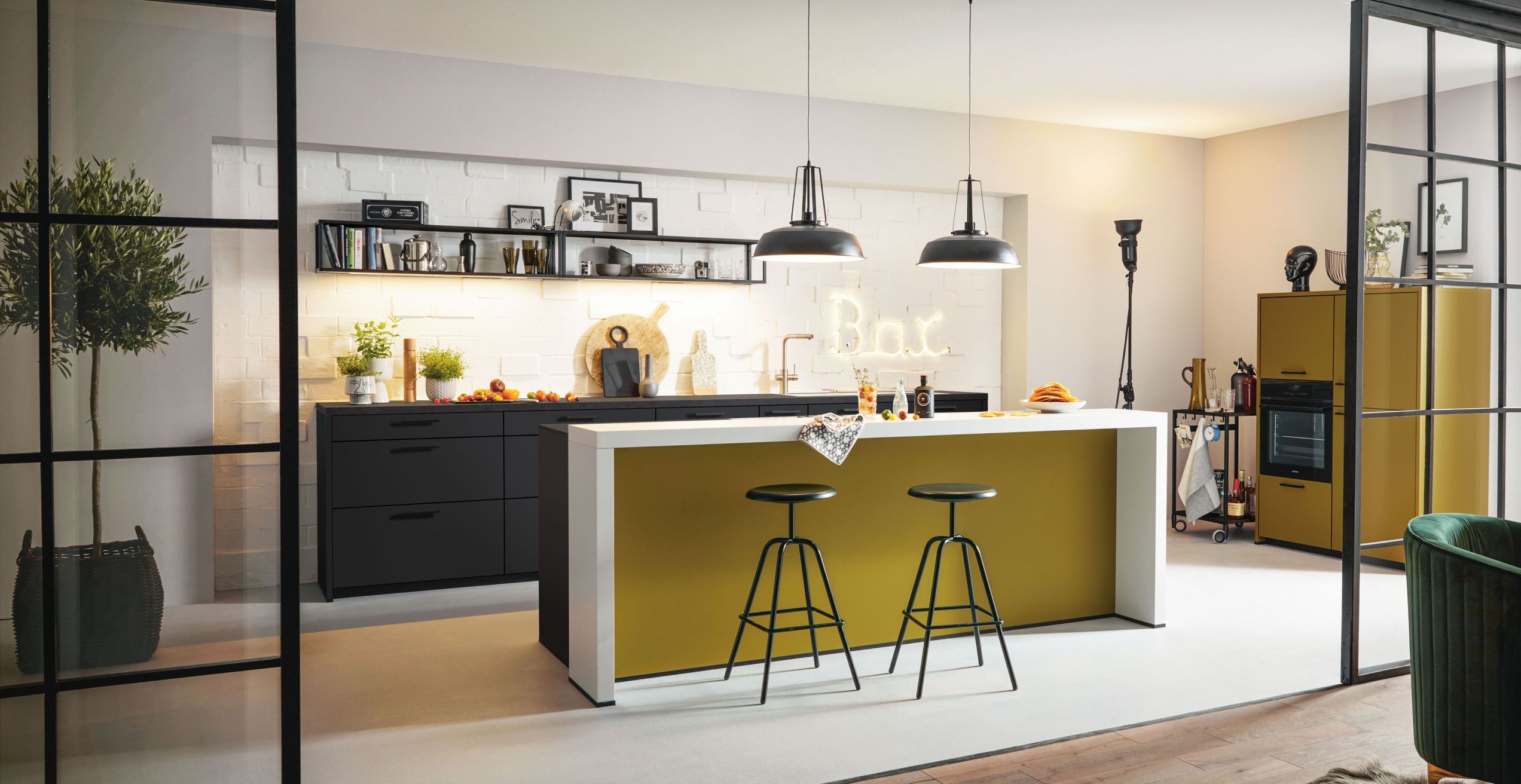 yellow kitchen island with bar