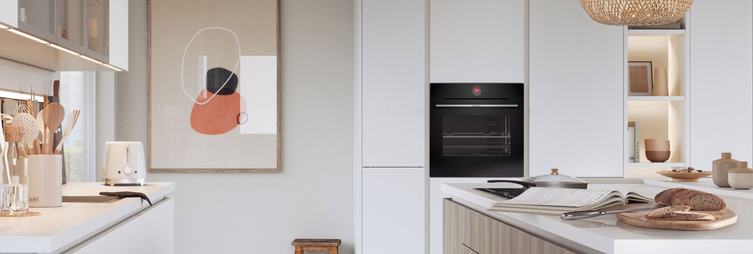 white modern kitchen with cooking island